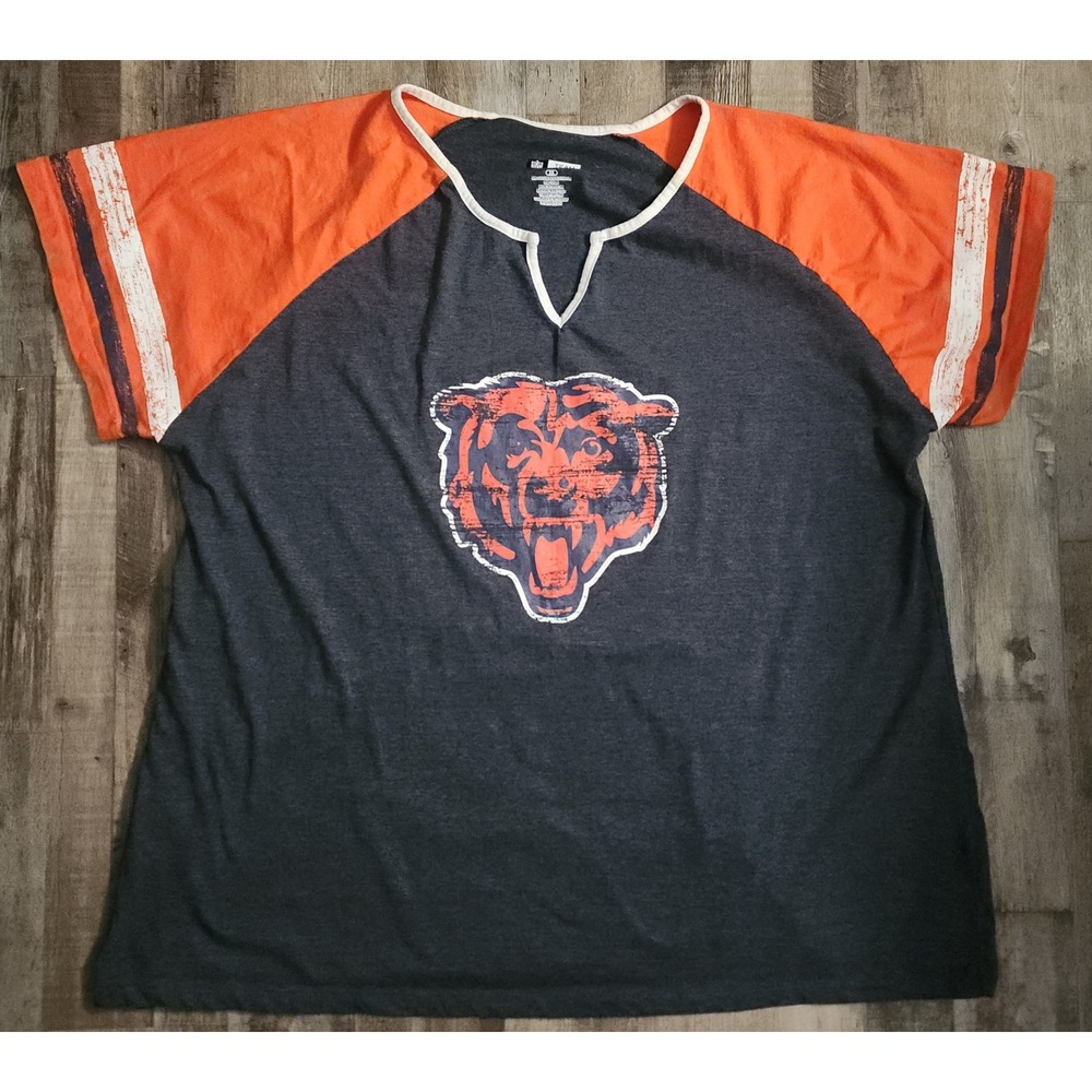 NFL Team Apparel Chicago Bears T-Shirt Womens 2X Blue Orange Raglan V-Neck Tee